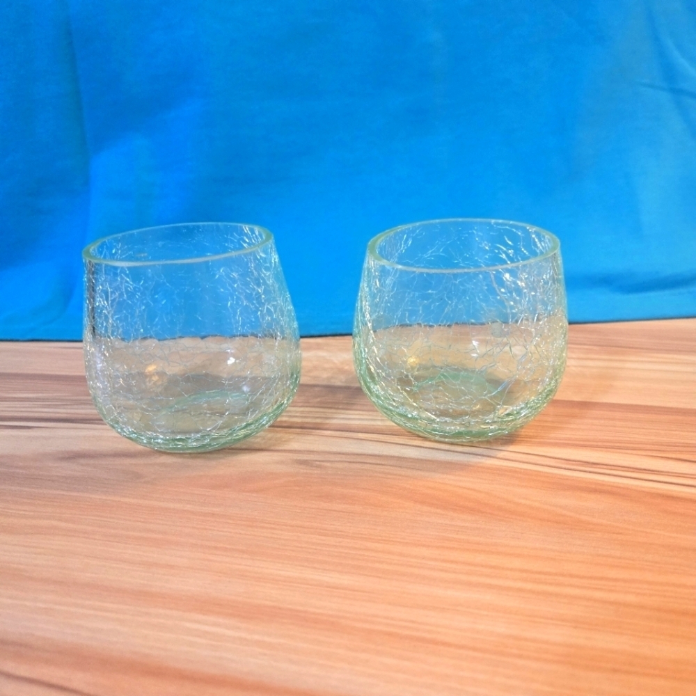 Vintage Crackle Glass Votive Candle Holders Light Green Set of 2 Collectible